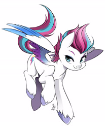 Size: 2696x3252 | Tagged: safe, artist:nekoshiei, zipp storm (mlp), equine, fictional species, mammal, pegasus, pony, feral, hasbro, my little pony, my little pony g5, spoiler:my little pony g5, 2022, colored wingtips, feathered wings, feathers, female, hooves, looking at you, mare, simple background, smiling, smiling at you, solo, solo female, spread wings, tail, unshorn fetlocks, white background, wings