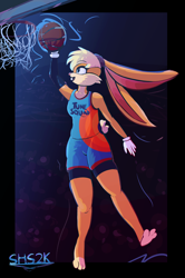 Size: 2040x3080 | Tagged: safe, artist:superhypersonic2000, lola bunny (looney tunes), lagomorph, mammal, rabbit, anthro, digitigrade anthro, looney tunes, space jam, space jam: a new legacy, warner brothers, 2021, ball, basketball, bottomwear, breasts, clothes, digital art, ears, eyelashes, female, fur, gloves, hair, open mouth, shirt, shorts, solo, solo female, sports shorts, tail, tongue, topwear