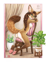 Size: 955x1280 | Tagged: suggestive, artist:kacey, oc, oc:kiku, canine, fennec fox, fox, mammal, anthro, 2022, 4 toes, breasts, brown body, brown claws, brown fur, brown hair, butt, chair, claws, cream body, cream fur, ear fluff, ear piercing, earring, ears, female, fluff, fur, green eyes, hair, indoors, looking at you, nudity, paw pads, paws, piercing, pink paw pads, plant, sitting, solo, solo female, tail, toe claws, toes, underpaw