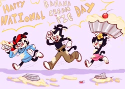 Size: 2048x1470 | Tagged: safe, artist:kyliebrightsun, dot warner (animaniacs), wakko warner (animaniacs), yakko warner (animaniacs), animaniac (species), fictional species, anthro, plantigrade anthro, animaniacs, warner brothers, banana cream pie, brother, brother and sister, brothers, female, food, group, male, pie, siblings, sister, trio