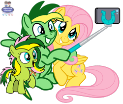 Size: 1782x1494 | Tagged: safe, artist:mrstheartist, fluttershy (mlp), oc, oc:didgeree, oc:wattle shy, equine, fictional species, mammal, pegasus, pony, feral, friendship is magic, hasbro, my little pony, base used, cute, female, filly, foal, grin, group, hooves, male, mare, ocbetes, parent:fluttershy (mlp), parent:oc:didgeree, parents:canon x oc, raised hoof, self upload, selfie, selfie stick, simple background, sitting, stallion, transparent background, trio, young