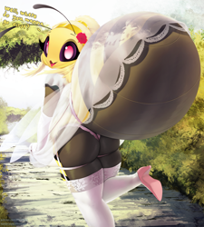 Size: 1154x1280 | Tagged: suggestive, artist:tffeathers, oc, oc:blossom (tffeathers), arthropod, bee, insect, anthro, antennae, clothes, dress, female, high heels, legwear, looking at you, looking back, looking back at you, panties, see-through, shoes, solo, solo female, stockings, underwear