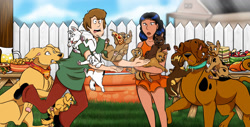 Size: 1280x650 | Tagged: safe, artist:cynderthedragon5768, scooby-doo (scooby-doo), shaggy norville rogers (scooby-doo), oc, alien, canine, dog, fictional species, great dane, human, mammal, feral, hanna-barbera, scooby-doo (franchise), amber (scooby-doo), crystal (scooby-doo), disguise, disguised alien, female, food, group, male, offspring, parent:amber (scooby-doo), parent:scooby-doo (scooby-doo), pool, pool party, puppy, shipping, yard, young