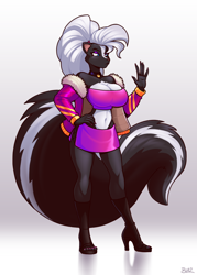Size: 1000x1400 | Tagged: suggestive, artist:blazbaros, oc, oc:francine (riaden234), mammal, skunk, anthro, plantigrade anthro, 2021, belly button, big breasts, big tail, black body, black fur, blue eyes, breasts, cleavage, clothes, collar, commission, crop top, digital art, female, fur, hair, hair tie, hand, hand on hip, high heel boots, high res, hourglass figure, jacket, long nails, midriff, nail polish, pink clothing, purple eyeshadow, short skirt, signature, simple background, solo, solo female, standing, tail, three-quarter view, toenail polish, topwear, tube top, two toned body, white background, white body, white fur, white hair