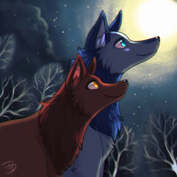 Size: 894x894 | Tagged: dead source, safe, artist:jackybunnybun, mebh mactire (wolfwalkers), robyn goodfellowe (wolfwalkers), canine, mammal, wolf, feral, cartoon saloon, wolfwalkers, 2d, blue eyes, brown body, brown fur, cute, detailed background, duo, duo female, female, females only, fur, gray body, gray fur, looking at something, looking up, side view, smiling, yellow eyes