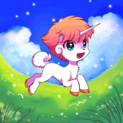 Size: 666x666 | Tagged: safe, artist:jackybunnybun, unico (unico), equine, fictional species, mammal, unicorn, feral, tezuka productions, unico (tezuka), 2d, 2d animation, animated, cloud, day, detailed background, eye through hair, foal, front view, fur, gif, grass, green eyes, hair, heart, heart eyes, horn, male, mane, open mouth, open smile, pink hair, pink mane, sky, smiling, solo, solo male, sparkles, three-quarter view, ungulate, white body, white fur, wingding eyes, young