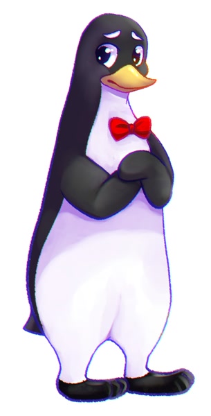 150487 - dead source, safe, artist:jackybunnybun, bird, penguin,  semi-anthro, 2d, ambiguous gender, black feathers, bow, bow tie, clothes,  crossed arms, feathers, front view, looking at you, simple background,  solo, solo ambiguous, three-quarter