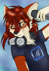 Size: 553x800 | Tagged: safe, artist:theboxedfox, oc, oc:sangie, canine, mammal, red wolf, wolf, anthro, bust, femboy, headphones, headwear, male, microphone, solo, solo male