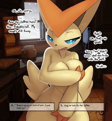 Size: 890x964 | Tagged: suggestive, artist:ozoneserpent, fictional species, legendary pokémon, mythical pokémon, victini, anthro, nintendo, pokémon, 2022, bedroom eyes, black nose, blushing, breasts, covering breasts, covering crotch, dialogue, digital art, ears, embarrassed, embarrassed nude exposure, eyelashes, female, fur, nudity, open mouth, solo, solo female, tail, talking, text, thighs, tongue, wide hips