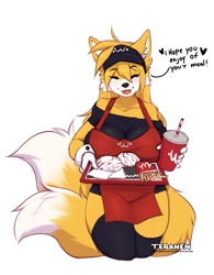 Size: 801x1029 | Tagged: safe, artist:teranen, miles "tails" prower (sonic), canine, fox, mammal, red fox, anthro, sega, sonic the hedgehog (series), 2022, apron, breasts, clothes, ear fluff, female, fluff, hair, huge breasts, long hair, looking at you, mila "tails" prower, multiple tails, rule 63, smiling, smiling at you, solo, solo female, tail, tail fluff, tailsko, thick thighs, thighs, two tails, vixen