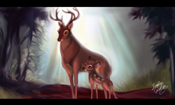Size: 946x572 | Tagged: safe, artist:themysticwolf, bambi (bambi), the great prince of the forest (bambi), cervid, deer, mammal, feral, bambi (film), disney, buck, duo, duo male, father, father and child, father and son, fawn, male, males only, son, young
