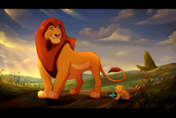 Size: 1280x854 | Tagged: safe, artist:tlk-ileana, mufasa (the lion king), simba (the lion king), arthropod, big cat, butterfly, feline, insect, lion, mammal, feral, disney, the lion king, cub, father, father and child, father and son, letterboxing, male, son, young