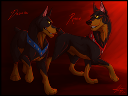 Size: 1024x768 | Tagged: safe, artist:aerosocks, desoto (oliver & company), roscoe (oliver & company), canine, doberman, dog, mammal, feral, disney, oliver & company, duo, duo male, male, males only
