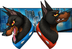 Size: 900x610 | Tagged: safe, artist:fireplanetz, desoto (oliver & company), roscoe (oliver & company), canine, doberman, dog, mammal, feral, disney, oliver & company, 2d, duo, duo male, male, males only, piercing, saliva, tongue, tongue piercing