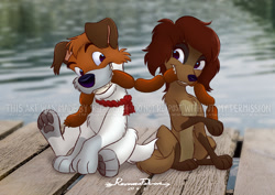Size: 1024x724 | Tagged: safe, artist:r-fakonwolf, dodger (oliver & company), rita (oliver & company), canine, dog, jack russell terrier, mammal, saluki, terrier, feral, disney, oliver & company, 2d, duo, female, food, male, meat, paw pads, paws, sausage