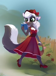 Size: 2118x2860 | Tagged: safe, artist:taneysha, oc, oc only, mammal, skunk, anthro, 2d, basket, book, clothes, container, cute, dress, ear piercing, earring, female, fluff, hat, headwear, holding, holding book, holding object, piercing, reading, solo, solo female, tail, tail fluff, walking