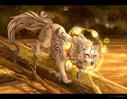 Size: 1200x937 | Tagged: safe, artist:foxinajacket, amaterasu (okami), canine, mammal, wolf, feral, capcom, okami, 2022, black border, border, chest fluff, claws, ear fluff, featured image, female, fluff, forest, magic, paws, plant, river, signature, solo, solo female, tail, tail fluff, tree, walking, water