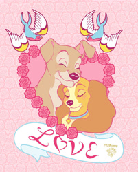 Size: 926x1151 | Tagged: safe, artist:lauboz, lady (lady and the tramp), tramp (lady and the tramp), canine, cocker spaniel, dog, mammal, spaniel, feral, disney, lady and the tramp, duo, female, holiday, love, male, schnauzer, valentine's day, valentines