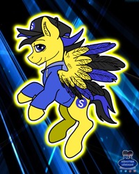Size: 1519x1903 | Tagged: safe, artist:mrstheartist, oc, oc only, oc:ponyseb 2.0, equine, fictional species, mammal, pegasus, pony, feral, friendship is magic, hasbro, my little pony, abstract background, base used, black outline, blue eyes, clothes, colored wingtips, floating, hoodie, looking at you, male, profile, self upload, side view, solo, solo male, stallion, topwear, unzipped, wings, yellow body