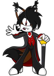 Size: 1600x2257 | Tagged: source needed, safe, artist:toyminator900, oc, oc only, oc:zakuro the fox (lightningbolt), canine, fictional species, fox, mammal, undead, vampire, anthro, sega, sonic the hedgehog (series), 2021, black hair, boots, brown body, brown fur, cane, cape, cheek fluff, clothes, commission, cosplay, dipstick tail, ear fluff, ear piercing, earring, emo, eyeliner, eyeshadow, fangs, fluff, frowning, fur, gloves, hair, jacket, lidded eyes, makeup, male, open mouth, piercing, red eyes, sharp teeth, shirt, shoes, simple background, solo, solo male, suit, tail, teeth, topwear, transparent background, undershirt