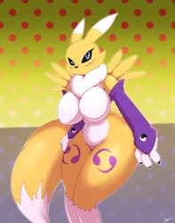 Size: 1009x1280 | Tagged: suggestive, artist:bigdon1992, fictional species, renamon, anthro, digimon, 2020, big breasts, black sclera, blushing, breasts, colored sclera, digital art, ears, eyelashes, featureless breasts, featureless crotch, female, fluff, fur, looking at you, neck fluff, nudity, pose, simple background, solo, solo female, tail, thighs, wide hips