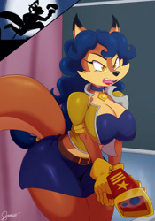 Size: 898x1280 | Tagged: safe, artist:bigdon1992, carmelita fox (sly cooper), sly cooper (sly cooper), canine, fox, mammal, procyonid, raccoon, anthro, sly cooper (series), 2020, angry, big breasts, black nose, bottomwear, breasts, clothes, clothing theft, crop top, digital art, ears, eyelashes, female, fur, gloves, hair, jacket, midriff, open mouth, picture-in-picture, pose, running, skirt, tail, tank top, thighs, tongue, topwear, unamused, vixen, weapon, wide hips