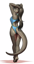 Size: 1328x2500 | Tagged: safe, artist:mykegreywolf, oc, oc only, oc:nat (mykegreywolf), mammal, mustelid, otter, anthro, plantigrade anthro, 2022, brown body, brown eyes, brown fur, brown hair, clothes, feet, female, fur, hair, looking at you, looking back, looking back at you, multicolored fur, one-piece swimsuit, pinup, playing with hair, simple background, solo, solo female, swimsuit, tippy-toes, two toned body, two toned fur, underfoot, white background