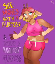 Size: 1499x1733 | Tagged: safe, artist:xmobile, oc, oc only, oc:velvetomo (velvetomo), cervid, deer, mammal, anthro, antlers, armpit fluff, armpits, belly button, blushing, breasts, dancing, elbow fluff, female, fluff, hair, lidded eyes, looking at you, pubic fluff, slightly chubby, solo, solo female, teal eyes