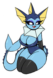 Size: 875x1280 | Tagged: suggestive, artist:nelljoestar, eeveelution, fictional species, mammal, vaporeon, anthro, nintendo, pokémon, 2022, bedroom eyes, big breasts, black nose, breasts, cameltoe, clothes, digital art, ears, eyelashes, female, fur, hair, kneeling, legwear, one-piece swimsuit, open mouth, simple background, solo, solo female, stockings, swimsuit, tail, thighs, wide hips