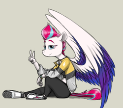 Size: 1168x1027 | Tagged: safe, artist:sinrar, zipp storm (mlp), anthro, hasbro, my little pony, my little pony g5, spoiler:my little pony g5, 2022, big wings, clothes, digital art, female, fur, gesture, gray background, hair, looking at you, pink hair, side view, simple background, sitting, solo, solo female, v sign, white body, white fur