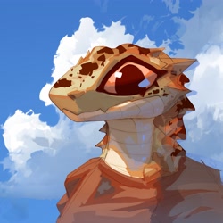 Size: 4096x4096 | Tagged: safe, artist:fivel, lizard, reptile, anthro, absurd resolution, ambiguous gender, bust, clothes, cloud, looking at you, portrait, scales, shirt, sky, solo, solo ambiguous, topwear