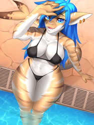 Size: 1280x1711 | Tagged: suggestive, artist:kotikivn, oc, oc only, fish, shark, anthro, 2022, belly button, bikini, breasts, clothes, commission, digital art, ear piercing, ears, eyelashes, female, fins, fish tail, hair, nipple outline, open mouth, piercing, scales, shark tail, sharp teeth, solo, solo female, swimming pool, swimsuit, tail, teeth, thighs, tongue, wide hips, ych result