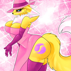 Size: 1024x1023 | Tagged: safe, artist:andromeda-james, fictional species, renamon, anthro, digimon, 2021, bedroom eyes, black sclera, breasts, butt, clothes, colored sclera, costume, digital art, dress, ears, evening gloves, eyelashes, female, fluff, fur, gloves, halloween, halloween costume, hat, headwear, jewelry, legwear, long gloves, looking at you, neck fluff, pose, side view, sideboob, simple background, solo, solo female, stockings, tail, thighs, wide hips
