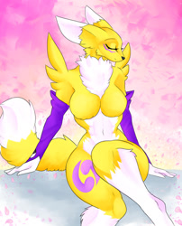 Size: 1024x1268 | Tagged: safe, artist:andromeda-james, fictional species, renamon, anthro, digitigrade anthro, digimon, 2021, belly button, black sclera, breasts, clothes, colored sclera, digital art, ears, evening gloves, eyelashes, eyes closed, featureless breasts, featureless crotch, female, fluff, fur, gloves, long gloves, neck fluff, pose, simple background, sitting, solo, solo female, tail, thighs, wide hips