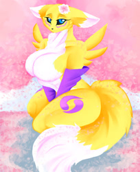 Size: 1024x1255 | Tagged: safe, artist:andromeda-james, fictional species, renamon, anthro, digimon, 2021, bedroom eyes, belly button, black sclera, breasts, clothes, colored sclera, digital art, ears, evening gloves, eyelashes, featureless breasts, female, fluff, fur, gloves, kneeling, long gloves, looking at you, neck fluff, pose, simple background, solo, solo female, tail, thighs, wide hips