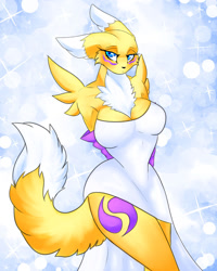 Size: 1024x1279 | Tagged: safe, artist:andromeda-james, fictional species, renamon, anthro, digimon, 2021, arm behind back, bedroom eyes, breasts, clothes, digital art, dress, ears, evening gloves, eyelashes, female, fluff, fur, gloves, long gloves, neck fluff, pose, simple background, solo, solo female, tail, thighs, wide hips