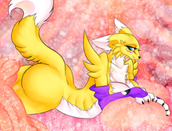 Size: 1024x780 | Tagged: safe, artist:andromeda-james, fictional species, renamon, anthro, digimon, 2021, bedroom eyes, breasts, butt, clothes, digital art, ears, evening gloves, eyelashes, female, fluff, fur, gloves, long gloves, looking at you, neck fluff, pose, simple background, smiling, smiling at you, solo, solo female, tail, thighs, wide hips