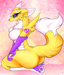 Size: 1024x1213 | Tagged: safe, artist:andromeda-james, fictional species, renamon, anthro, digimon, 2021, bedroom eyes, belly button, black sclera, breasts, butt, clothes, colored sclera, digital art, ears, evening gloves, eyelashes, featureless breasts, female, fluff, fur, gloves, kneeling, long gloves, looking at you, neck fluff, pose, side view, sideboob, simple background, solo, solo female, tail, thighs, wide hips