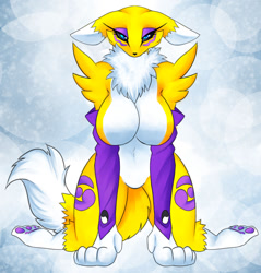 Size: 1024x1071 | Tagged: safe, artist:andromeda-james, fictional species, renamon, anthro, digitigrade anthro, digimon, 2021, bedroom eyes, belly button, black sclera, breasts, clothes, colored sclera, digital art, ears, evening gloves, eyelashes, featureless breasts, featureless crotch, female, floppy ears, fluff, fur, gloves, kneeling, long gloves, looking at you, neck fluff, pose, simple background, solo, solo female, tail, thighs, wide hips