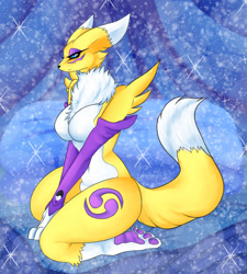 Size: 1024x1139 | Tagged: safe, artist:andromeda-james, fictional species, renamon, anthro, digitigrade anthro, digimon, 2021, bedroom eyes, belly button, black sclera, breasts, clothes, colored sclera, digital art, ears, evening gloves, eyelashes, featureless breasts, female, fluff, fur, gloves, kneeling, long gloves, looking at you, neck fluff, pose, simple background, solo, solo female, tail, thighs, wide hips