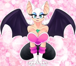 Size: 945x820 | Tagged: safe, artist:andromeda-james, rouge the bat (sonic), bat, mammal, anthro, sega, sonic the hedgehog (series), 2022, bat wings, bedroom eyes, between breasts, breasts, clothes, digital art, ears, eyelashes, female, fur, gem, kneeling, looking at you, pose, simple background, solo, solo female, spread wings, suit, tail, thighs, webbed wings, wide hips, wings