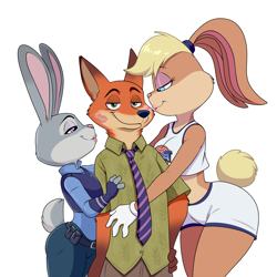 Size: 1500x1500 | Tagged: safe, artist:lonbluewolf, judy hopps (zootopia), lola bunny (looney tunes), nick wilde (zootopia), canine, fox, lagomorph, mammal, rabbit, red fox, anthro, disney, looney tunes, space jam, warner brothers, zootopia, 2d, clothes, crop top, crossover, female, group, kiss mark, lipstick, makeup, male, male/female, midriff, on model, simple background, topwear, trio, white background, wide hips