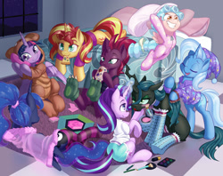 Size: 1600x1266 | Tagged: safe, artist:dstears, cozy glow (mlp), princess luna (mlp), queen chrysalis (mlp), starlight glimmer (mlp), sunset shimmer (mlp), tempest shadow (mlp), trixie (mlp), twilight sparkle (mlp), alicorn, arthropod, changeling, changeling queen, equine, fictional species, mammal, pegasus, pony, unicorn, feral, friendship is magic, hasbro, my little pony, my little pony: the movie, 2d, angry, clothes, costume, cute, drink, eye scar, female, females only, filly, foal, food, kigurumi, legwear, makeup, mare, pajamas, phone, pillow, pizza, scar, slumber party, thigh highs, young