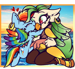 Size: 542x499 | Tagged: safe, artist:esmeia, captain celaeno (mlp), rainbow dash (mlp), bird, equine, fictional species, mammal, parrot, pegasus, pony, anthro, feral, friendship is magic, hasbro, my little pony, my little pony: the movie, 2019, amputee, blue body, blue fur, duo, duo female, eyes closed, female, female/female, females only, fur, green hair, hair, heart, mane, mare, one eye closed, partially transparent background, pink eyes, rainbow hair, rainbow mane, rainbow tail, shipping, tail, transparent background