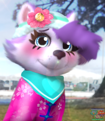 Size: 2001x2304 | Tagged: safe, artist:yourboimario, everest (paw patrol), canine, dog, husky, mammal, ambiguous form, nickelodeon, paw patrol, clothes, female, flower, flower on head, hat, headwear, solo, solo female