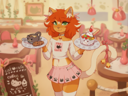 Size: 2303x1734 | Tagged: safe, artist:waspsalad, oc, oc only, oc:hashbrown (waspsalad), cat, feline, mammal, anthro, bell, belly button, bottomwear, bowl, cafe, cat cafe, clothes, collar, container, cookie, crop top, cropped shirt, ear fluff, femboy, fluff, food, fur, green eyes, hair, legwear, male, midriff, multicolored fur, orange body, orange fur, orange hair, ribbon, shirt, skirt, smiling, solo, solo male, soup, tail accessory, thigh highs, topwear, two toned body, two toned fur