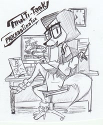 Size: 855x1040 | Tagged: safe, artist:chuchito72, oc, oc:chuchito (chuchito72), canine, dog, mammal, anthro, plantigrade anthro, black and white, bottomwear, bow, chair, clock, clothes, computer, crossdressing, drawing, eyeshadow, fursona, glasses, grayscale, hair, high heel boots, looking at you, makeup, male, monochrome, open mouth, open smile, pen, procrastination, sitting, skirt, smiling, solo, solo male, sweater, table, tail, topwear, traditional art, video game