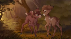 Size: 2048x1138 | Tagged: safe, artist:reysi, bambi (bambi), ronno (bambi), cervid, deer, mammal, feral, bambi (film), disney, 2d, brown body, brown fur, duo, duo male, fawn, fur, male, males only, ungulate, young