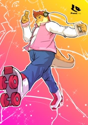 Size: 905x1280 | Tagged: safe, artist:draxx, dragon, fictional species, anthro, plantigrade anthro, clothes, commission, fat, future funk, jeans, letterman jacket, low angle, male, overweight, pants, roller skates, roller skating, salute, shirt, solo, solo male, topwear, walkman