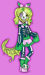 Size: 773x1280 | Tagged: safe, artist:copperspy, oc, oc only, fictional species, goo creature, bone, boots, bottomwear, clothes, eyelashes, female, goo, hair, hair accessory, hair tie, legwear, long sleeved top, one eye closed, oversized clothes, shoes, skeleton, skirt, solo, solo female, tail, traditional art, winking